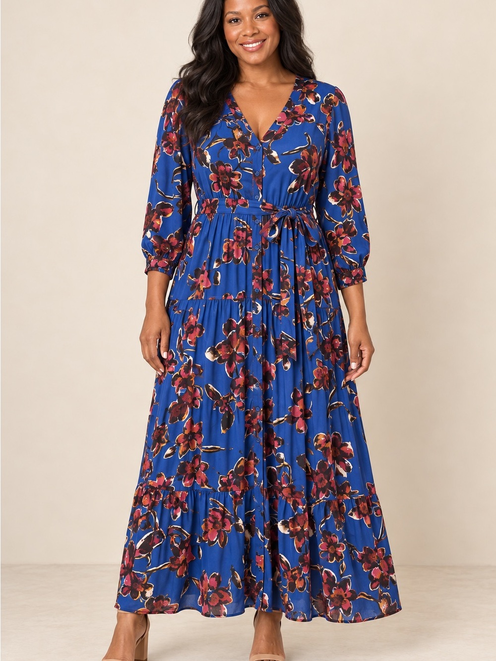 Gerard Darel Royal Blue Floral Tie-Waist Maxi Dress EUR 42
